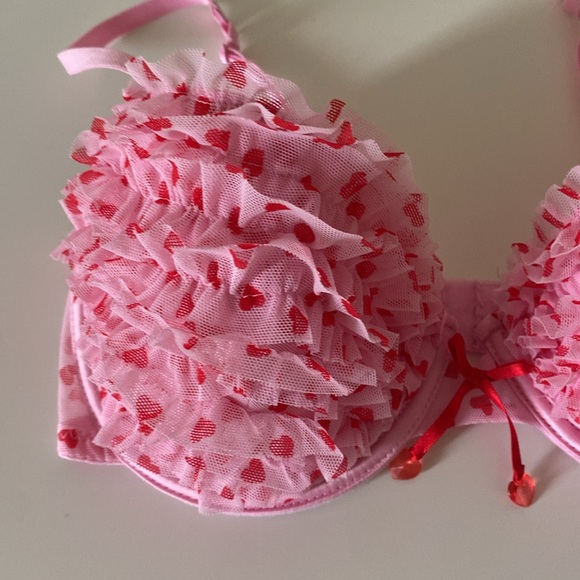 La SENZA Lingerie Bra Fitted Pink Red Hearts Ruffle Occasion Cute Size 32C - Picture 7 of 16